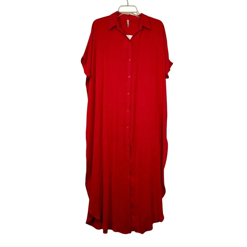 Raviya Shirt Dress Maxi Caftan Oversized Loose Fit, Raspberry Button‎ Front